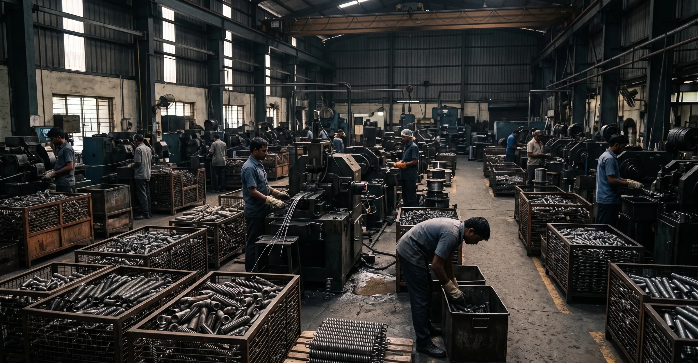 Spring manufacturing shop floor with coiling machines