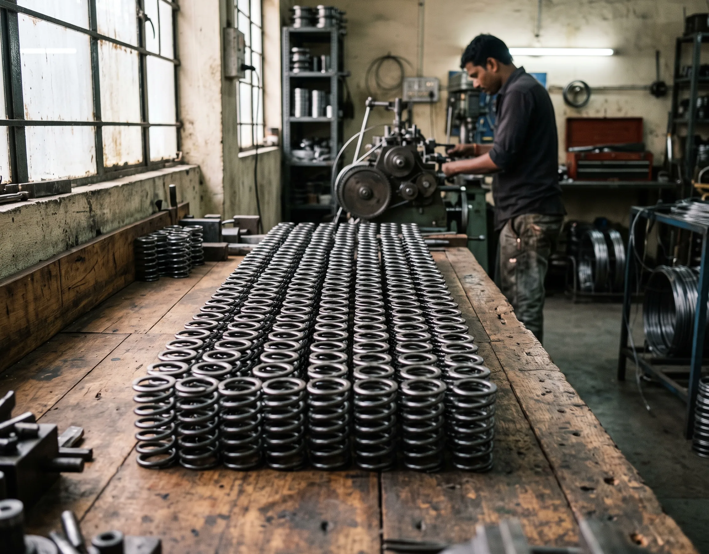 Finished steel springs laid out on a workbench
